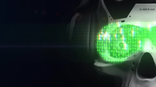 Crazy Neural Networks. A futuristic skull in headphones. with a holographic random code