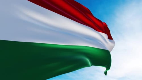 Realistic Hungarian Flag Waving in Blue Sky