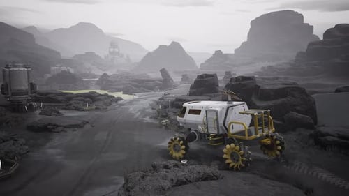 Astronauten auf dem fernen Planeten Sci Fi Base Settlement fahren Rover 5