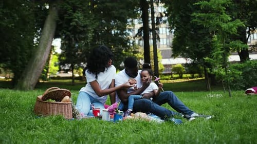 Slow Motion African American Family Eating Happy Smile in Park Young Woman Man Child Doing Picnic