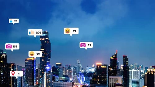 Social Media Icons Fly Over City Downtown Showing People Reciprocity Connection