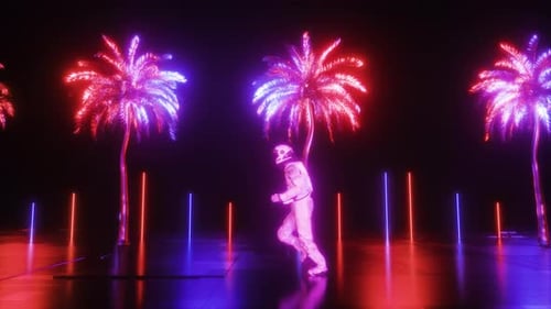 Fond d'onde de synthèse d'un astronaute en train de courir et de palmiers