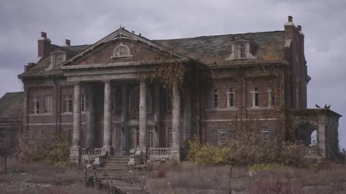 Abandoned Mansion with Overgrown Garden and Dramatic Sky at Dusk