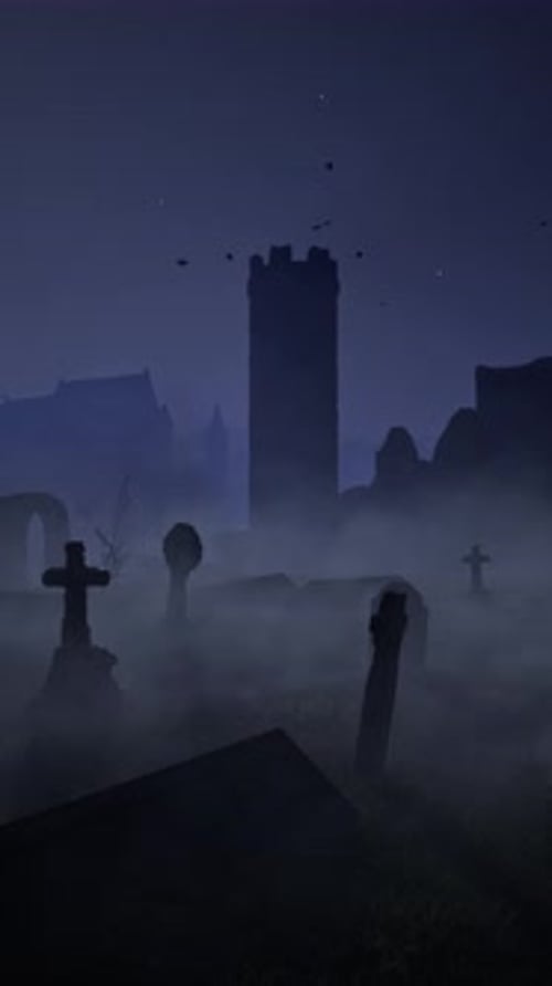 Ein alter verlassener Friedhof mit leeren Gräbern neben antiken Ruinen. Halloween. 3D-Darstellung.
