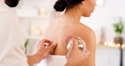 Woman, man or cupping therapy in salon, healthcare clinic or holistic China center for pain relief