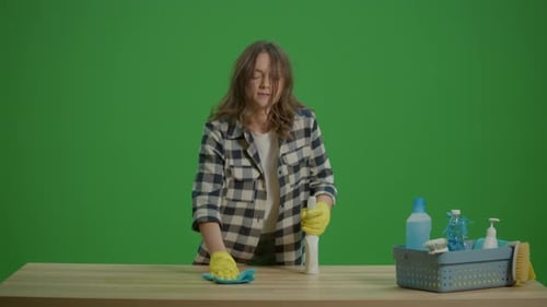 Green ScreenAn Angry Young Woman Holding a Spray Bottle and Cleaning a Table