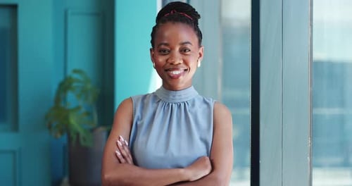 Face, business woman and arms crossed at office window for recruitment, we are hiring and integrity