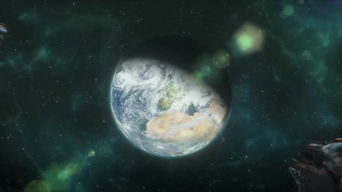 Sci-Fi Space Fleet Formation Around Rotating Earth