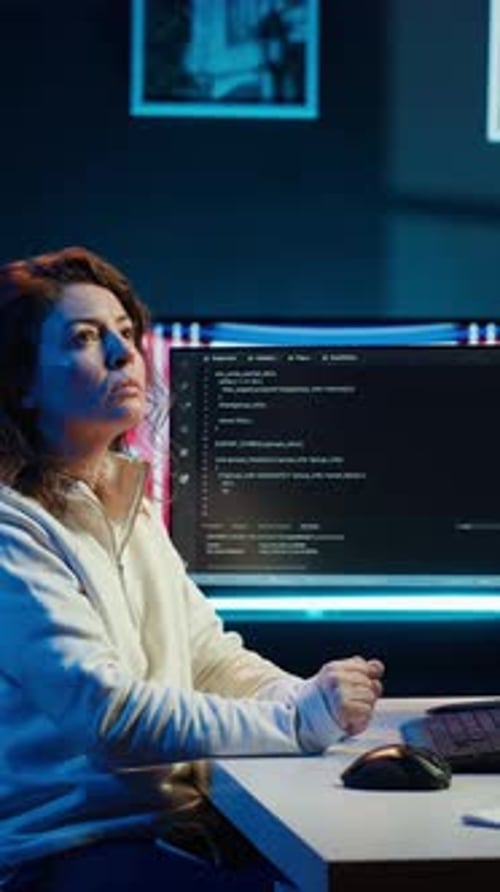 Vertical Video Programmer Checking Code on Computer Monitor and AR Visualization