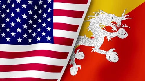Waving Flags of USA and Bhutan Diagonal Split Screen