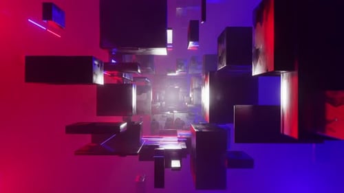 Sci-fi tunnel in a foggy space with rotating geometry shrinks and expands 3d render. Industrial