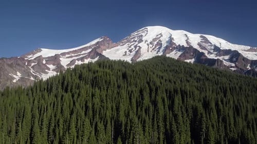 A Stunning Mountain Landscape Featuring a Lush Green Forest Alongside SnowCapped Peaks