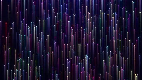 Stream of multi-colored lines of particles moving upward, rain of particles, speed of light