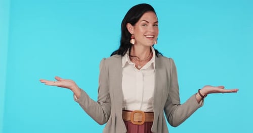 Portrait of business woman, hands with decision or show choice on studio mockup