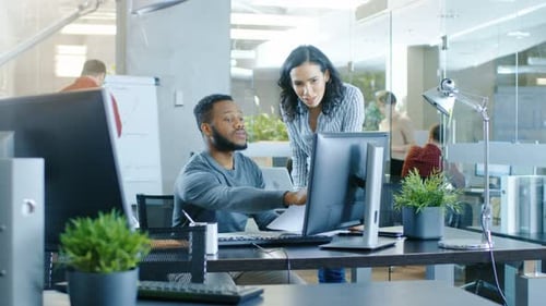 In the Busy Corporate Office Male and Female Together Solve Work Related Problems, Using Personal C