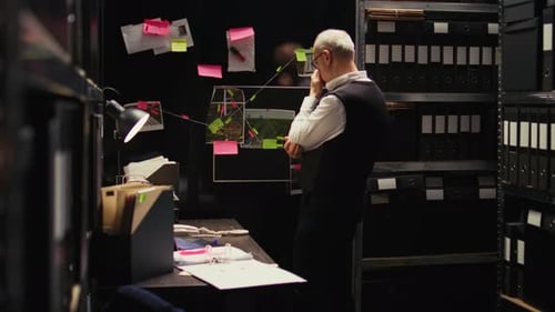 Detective Ponders Evidence in Dark Office