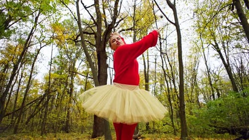 Yellowed Leaves Slowly Circle Around a Woman Who Elegantly Raises Her Hands
