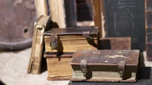 Stack of Old Aged Antique law books, Close dolly motion