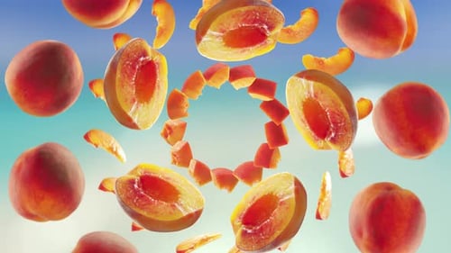 Flying Peach and Peaches Slices in Beach Tropical Summer Background