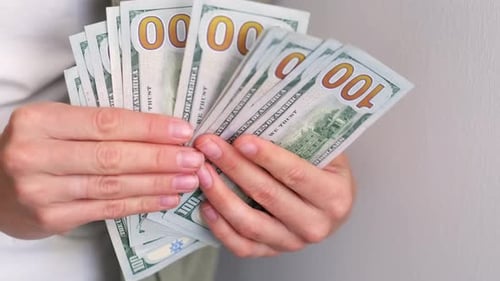 Cropped View Woman Showing Cash Money 1000 American Dollars Banknotes Hands with Money Close Up