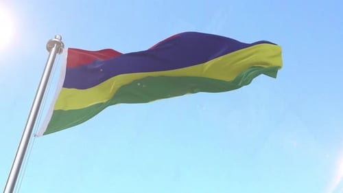 Mauritius Flag Waving in Realistic Blue Sky