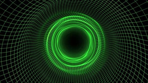 Animación en bucle sin fisuras de un túnel ondulado abstracto hecho de una rejilla tecnológica verde con un brillo brillante