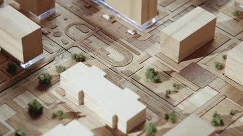 Panorama on Projection Residential Quarter with Detailed Planning From Wood Objects. Top