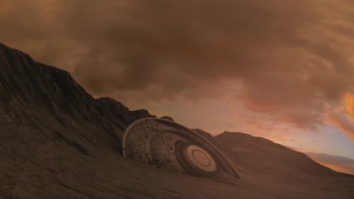 UFO mit fliegender Untertasse stürzt auf der Marsoberfläche ab