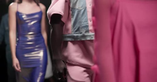 Fashion week, clothes and designer with model on runway for event showcase