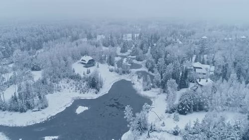 Snowy Lake Landscape in Winter Aerial