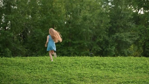 Playful Kid Jumping on Grass Field From Back View