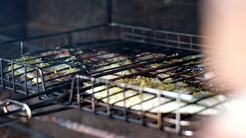 Close Up of Seasoned Fish Grilling on Metal