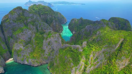 Aerial view over paradise island in tropical sea.