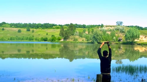 Lake Nature Fishing Man Catches Fish Selective Focus