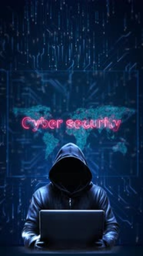 Hooded Hacker Typing on Laptop with Glowing Cyber Security Map Background