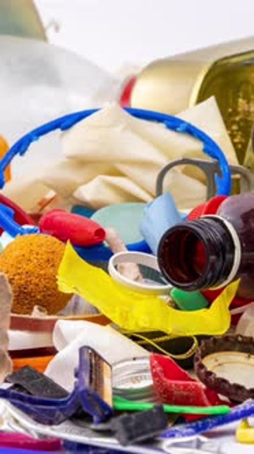 Plastic Rubbish and Waste Items Building Up on White Background in Vertical Format