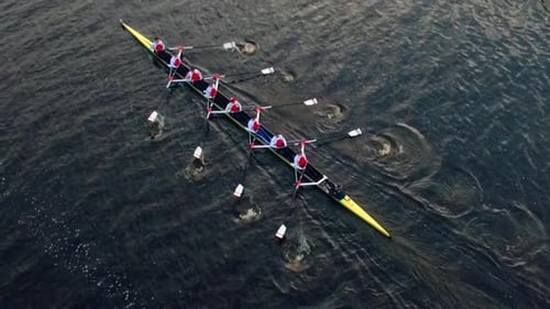 Rowing Boat in Slow Motion in Competition on Water with Aerial Drone