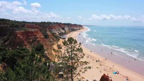 Amazing Aerial Sea View of Portuguese Beaches with Vacationing Tourists and Nature