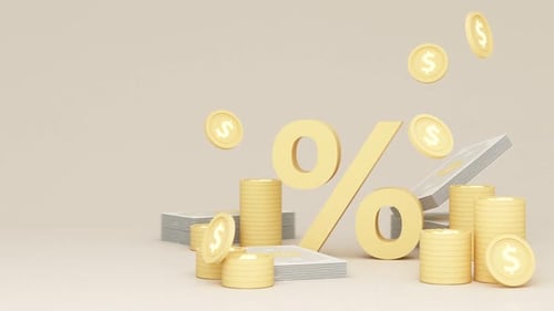 Modern 3D Animation of Percentage Sign with Money and Coins