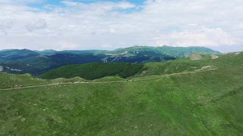 Aerial view of mountains and green fields, Montenegro.