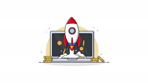 Animated Rocket Launch from Laptop with Gold Coins for Startup Success