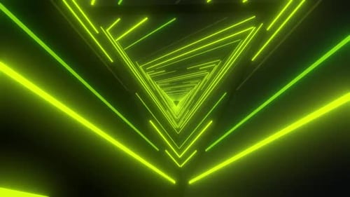 Dynamic neon triangle tunnel with futuristic, vibrant, modern design
