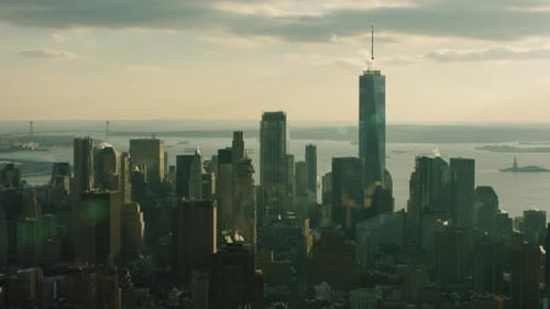 Aerial View of Downtown Manhattan Skyscrapers and Skyline, New York City, Sunset