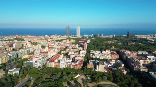Barcelona Urban Skyline. Aerial view of Parc de la Ciutadella, Park Ciutadella