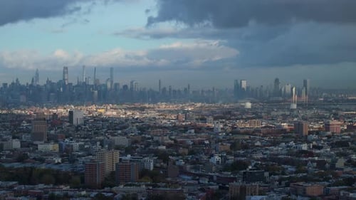 Aerial view of New York City at sunrise. Shot on an autumn morning in Brooklyn