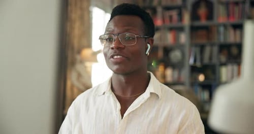 Video call, discussion and black man in office for communication, contact or online meeting