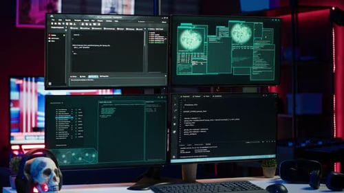 Futuristic Computer Code on Multiple Monitors