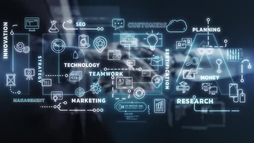 Futuristic Digital Business Network Animation with Corporate Icons