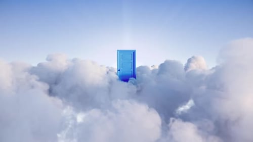 blue door opens among the clouds in the sky