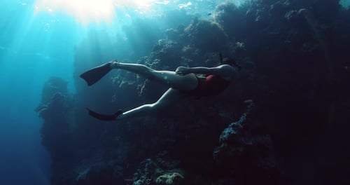 Freediver Swims Undersea in Deep Ocean with Sun Rays Woman Free Diving in Blue Sea Near Rocks and